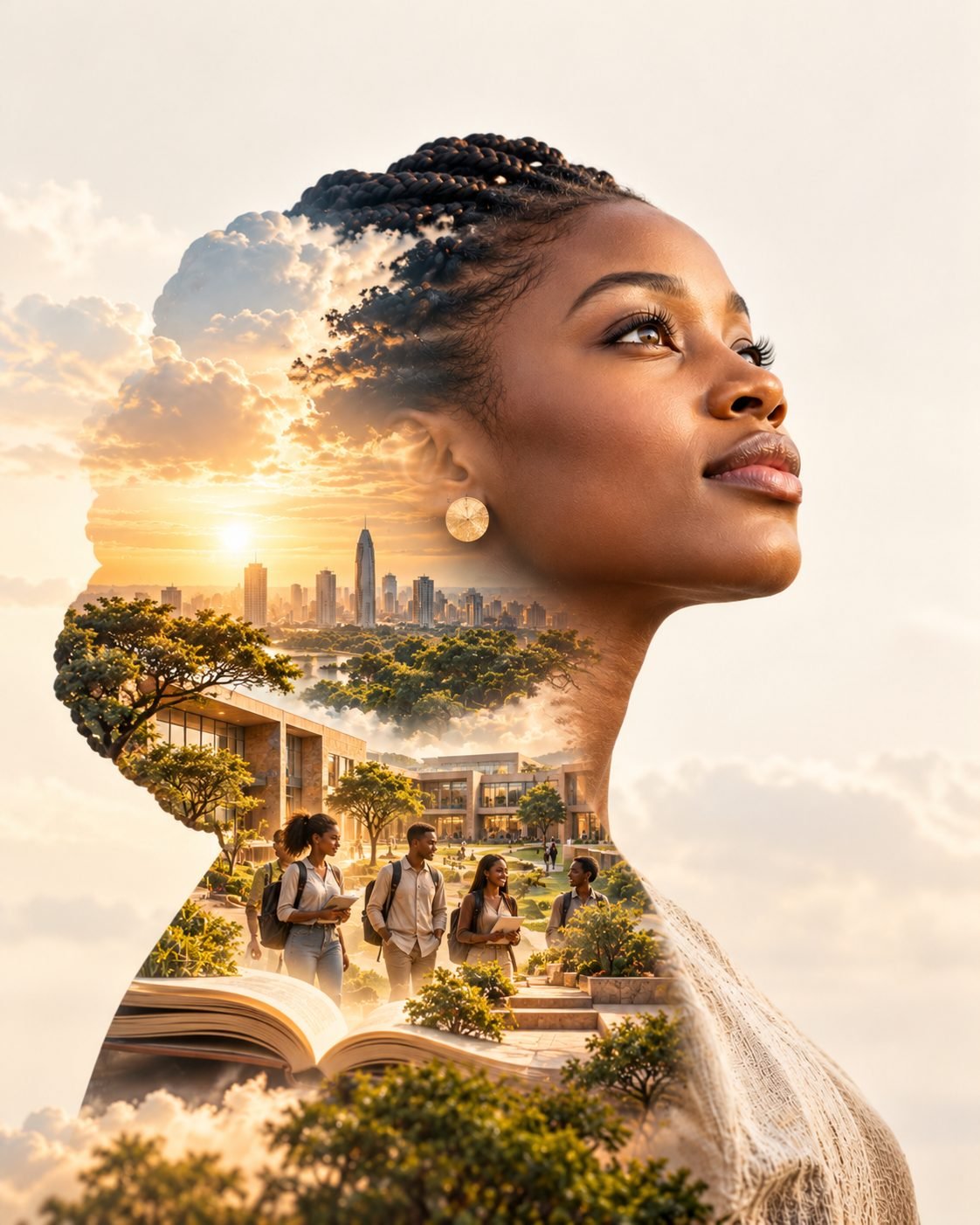 Double-exposure portrait of a young African woman looking upward. Within her silhouette: a city at sunrise, a university campus and students walking with books.