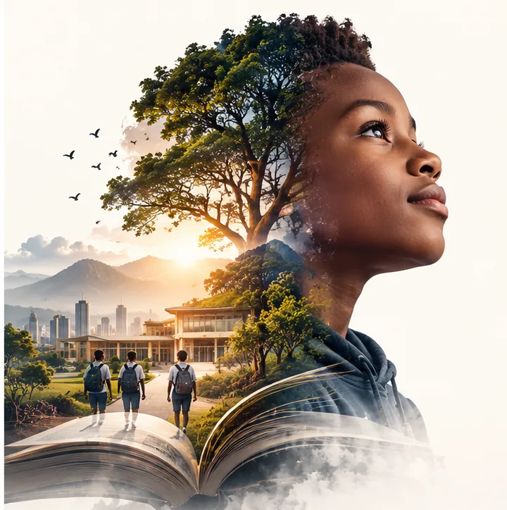 A teenager looks upward; within the silhouette, a tree, a school building, students walking and an open book.