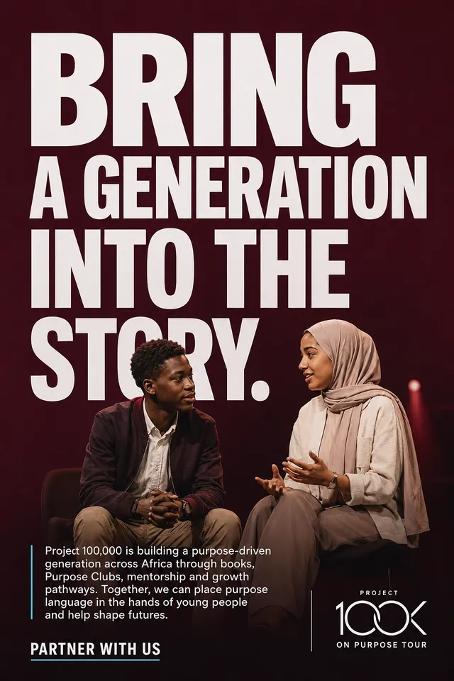 Campaign poster reading 'Bring a generation into the story', showing two young people in conversation on a stage, with the Project 100K On Purpose Tour mark and a 'Partner with us' call to action.