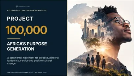 Project 100,000, Africa’s Purpose Generation: cover artwork showing a young man in profile with a city and young people walking inside his silhouette.