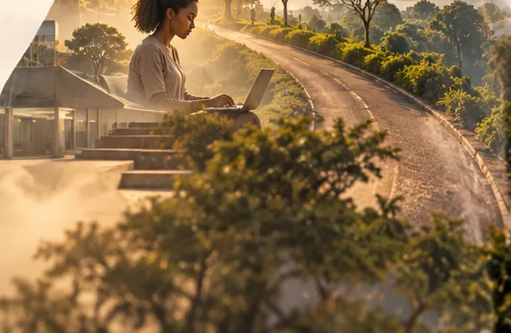 A young woman working on a laptop beside a road lined with trees, detail from an OnPurpose Futures double-exposure image.